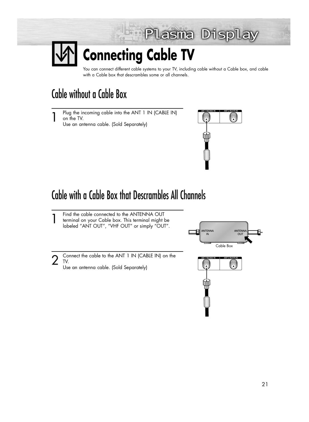 Samsung HP-R4252C, HP-R5052C manual Connecting Cable TV, Cable without a Cable Box 