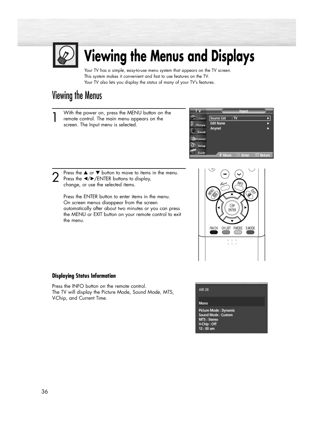 Samsung HP-R5052C, HP-R4252C manual Viewing the Menus, Displaying Status Information 