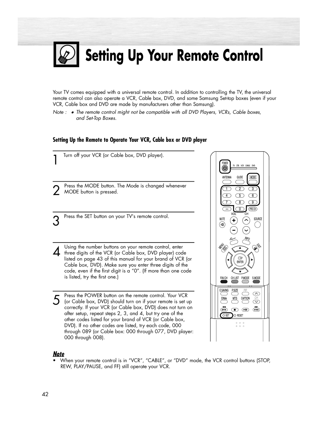 Samsung HP-R5052C, HP-R4252C manual Setting Up Your Remote Control 