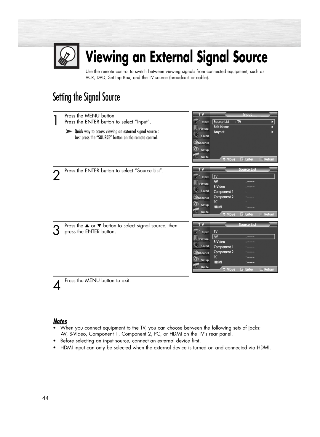 Samsung HP-R5052C, HP-R4252C manual Setting the Signal Source, Press the Menu button 