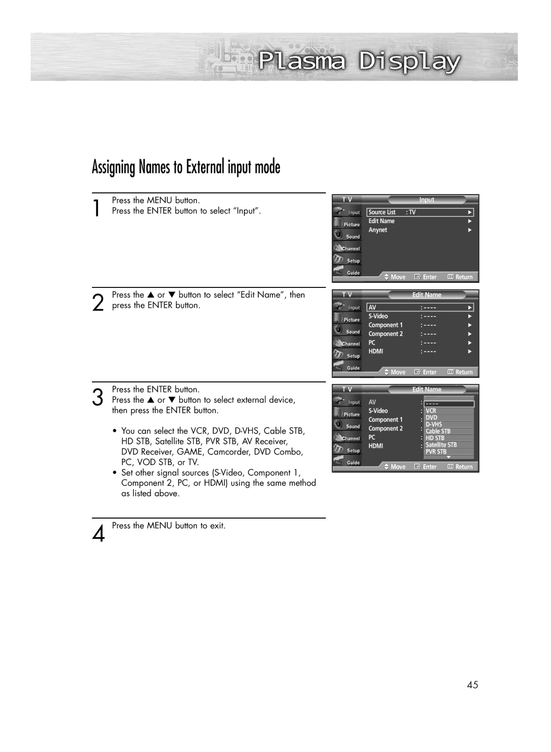 Samsung HP-R4252C, HP-R5052C manual Assigning Names to External input mode 