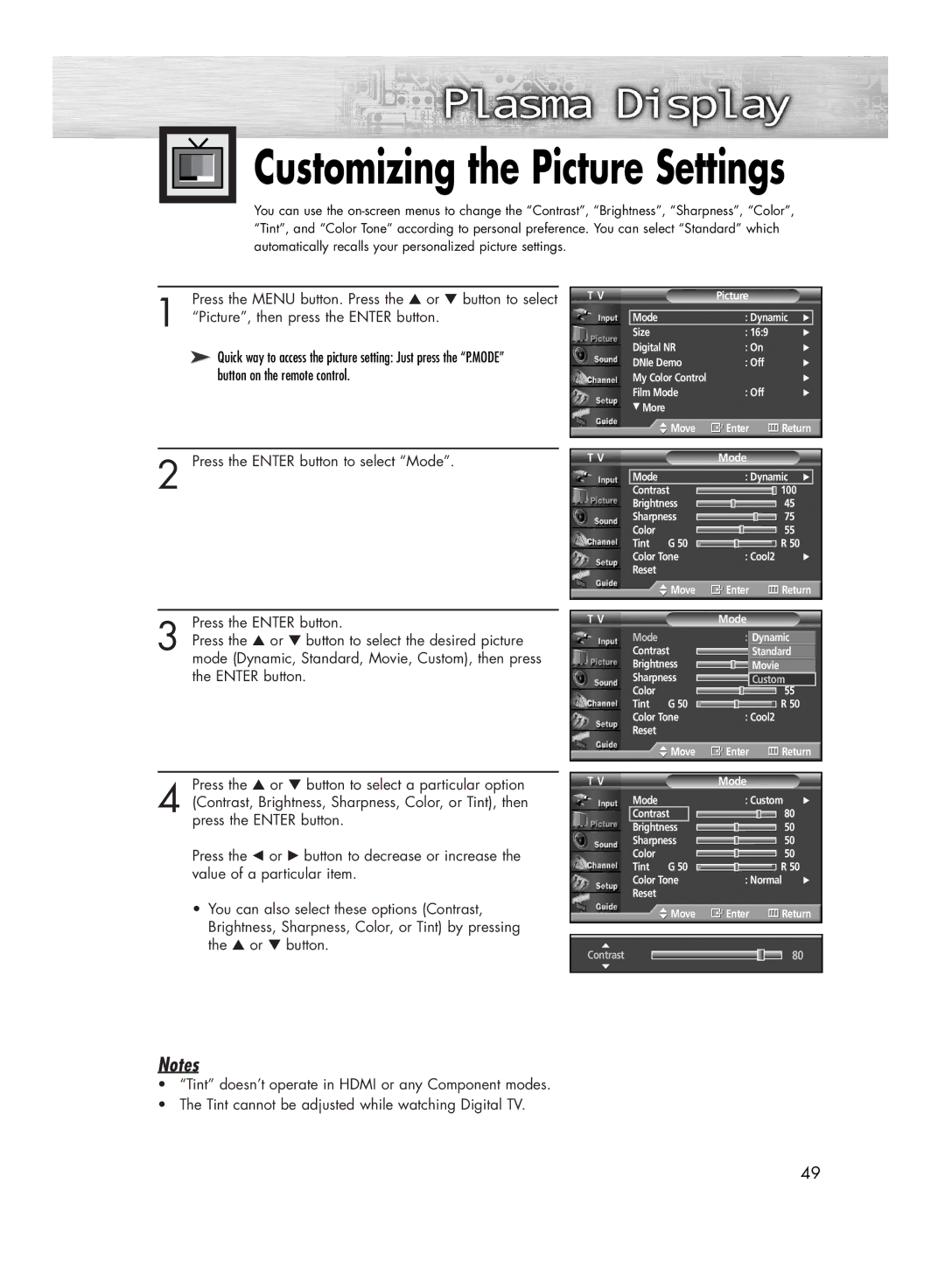 Samsung HP-R4252C, HP-R5052C manual Picture, then press the Enter button, Press the Enter button to select Mode, Or button 