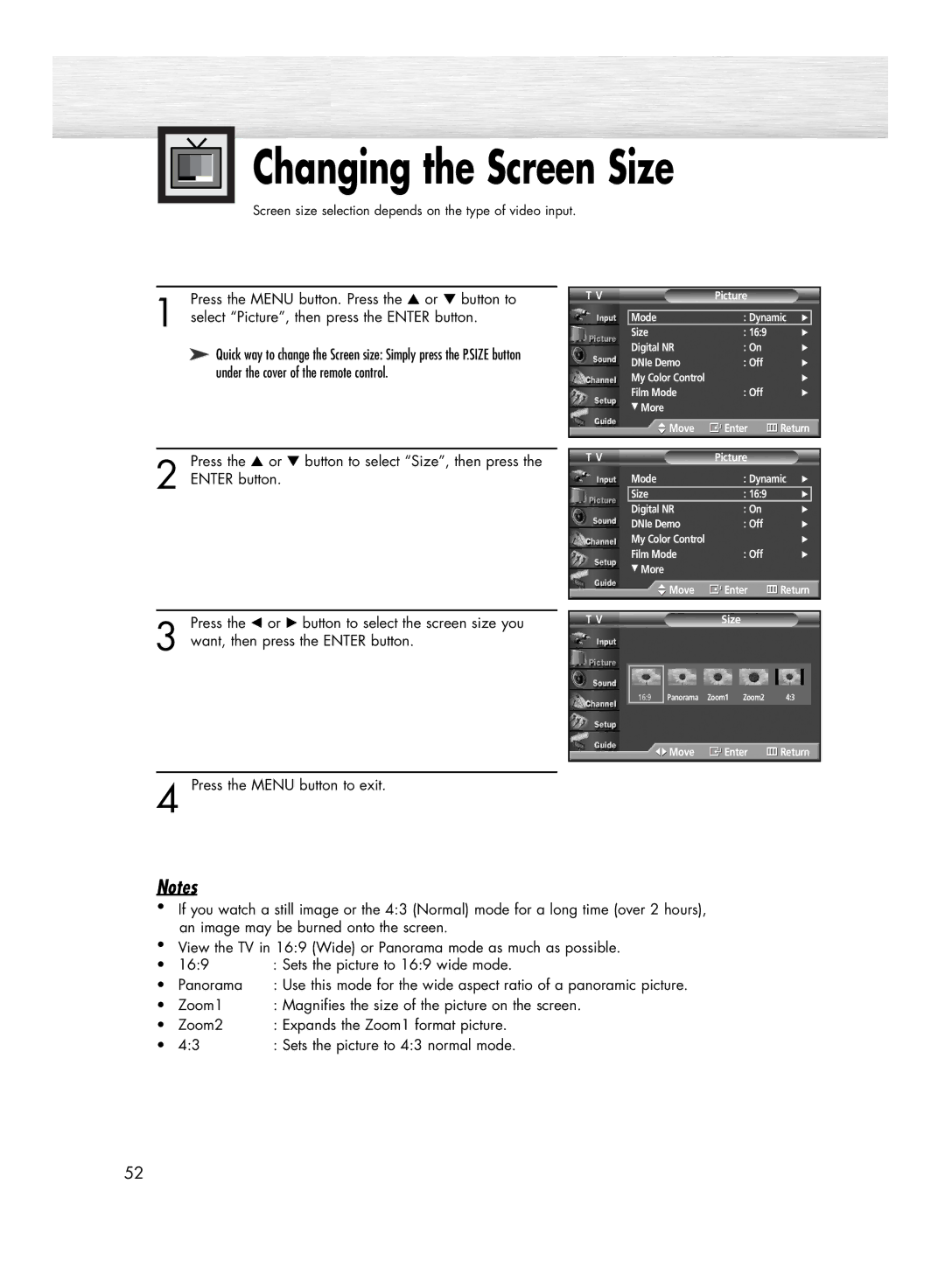 Samsung HP-R5052C, HP-R4252C manual Changing the Screen Size, Press the or button to select Size, then press Enter button 