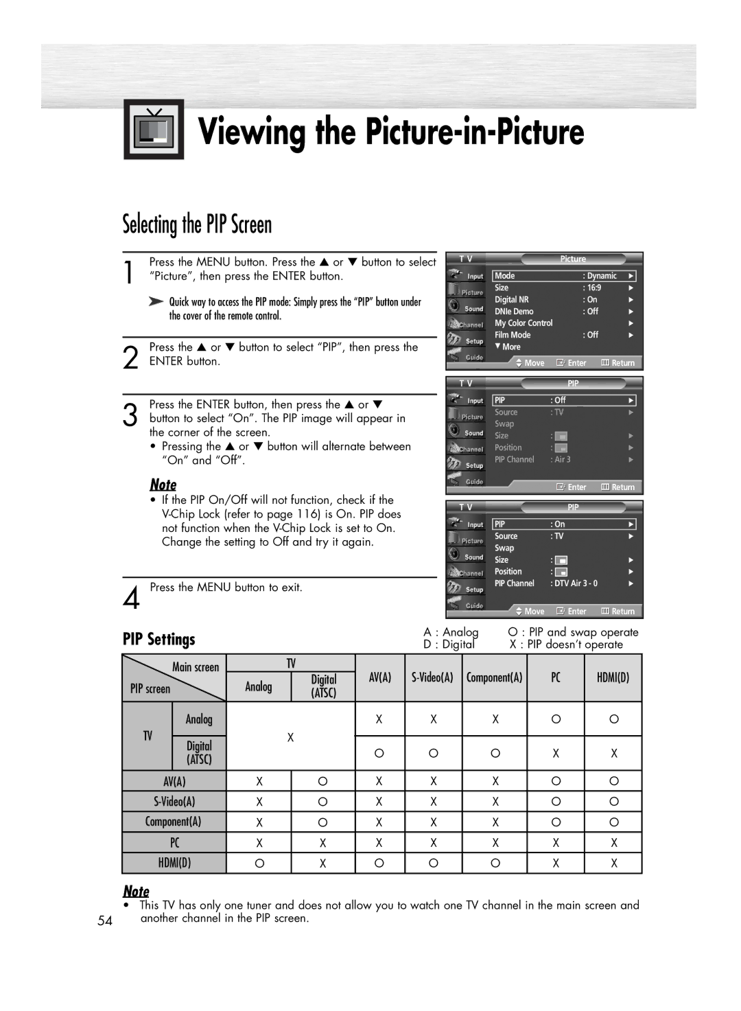 Samsung HP-R5052C, HP-R4252C manual Viewing the Picture-in-Picture, Selecting the PIP Screen 