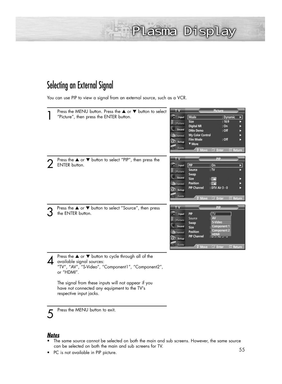 Samsung HP-R4252C, HP-R5052C manual Selecting an External Signal, PC is not available in PIP picture.55 