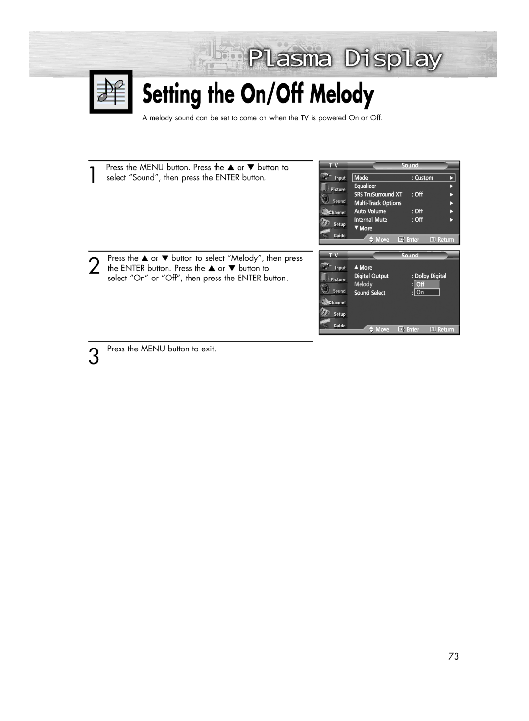 Samsung HP-R4252C, HP-R5052C manual Setting the On/Off Melody 