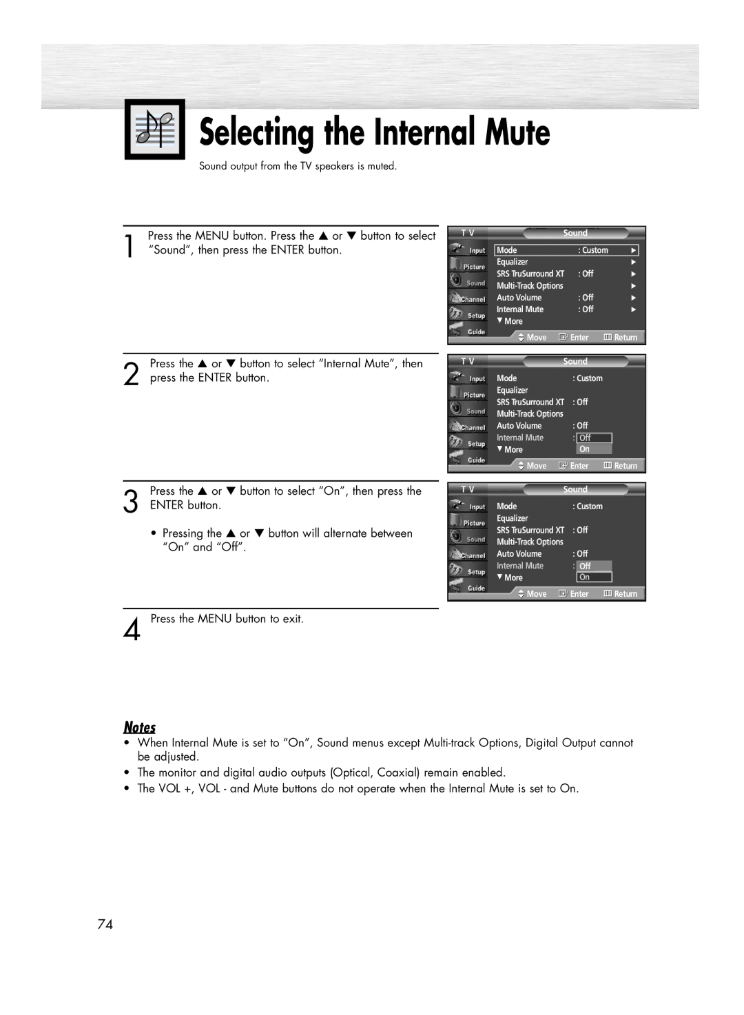 Samsung HP-R5052C, HP-R4252C manual Selecting the Internal Mute 