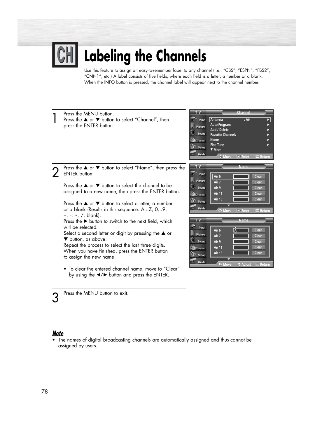 Samsung HP-R5052C, HP-R4252C manual Labeling the Channels, Enter button 