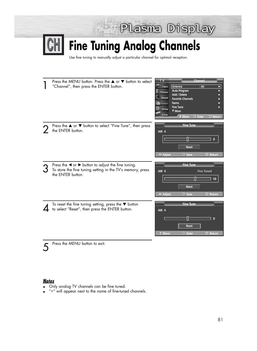 Samsung HP-R4252C, HP-R5052C manual Fine Tuning Analog Channels 