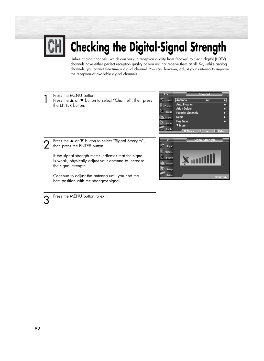 Samsung HP-R5052C, HP-R4252C manual Checking the Digital-Signal Strength 