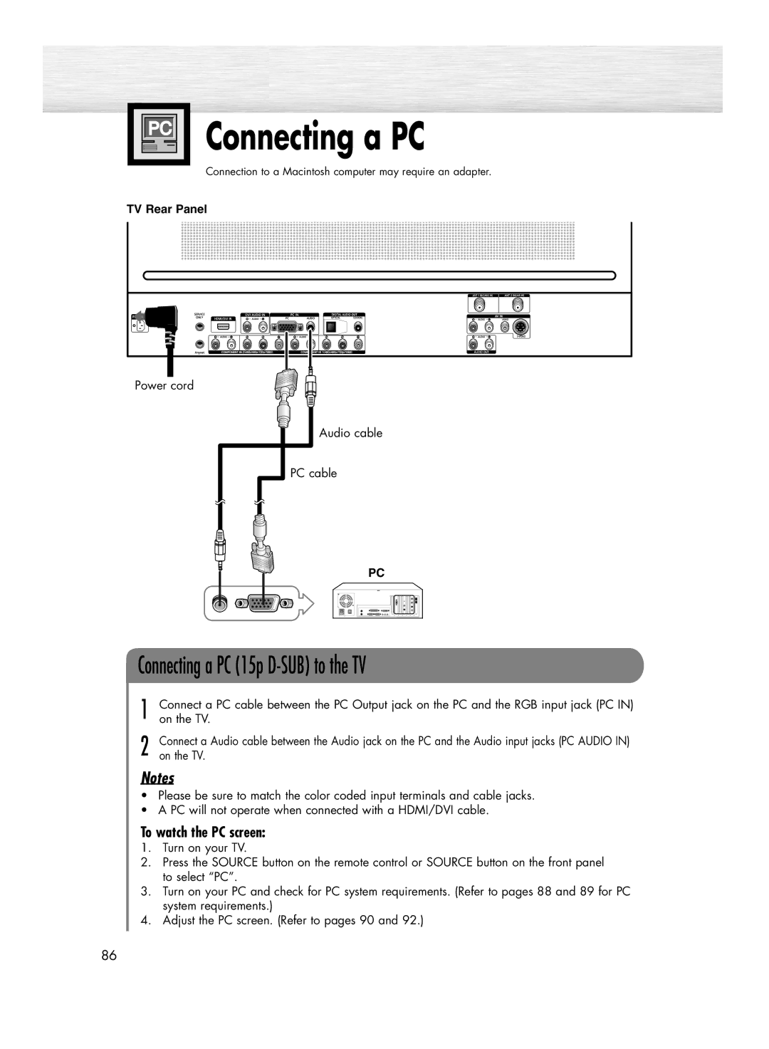 Samsung HP-R5052C, HP-R4252C manual Connecting a PC, To watch the PC screen, Power cord Audio cable PC cable 