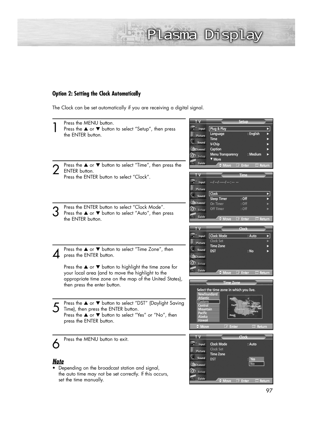 Samsung HP-R4252C, HP-R5052C manual Option 2 Setting the Clock Automatically, Dst 