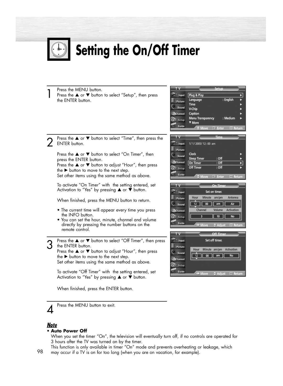 Samsung HP-R5052C, HP-R4252C manual Setting the On/Off Timer, Auto Power Off 