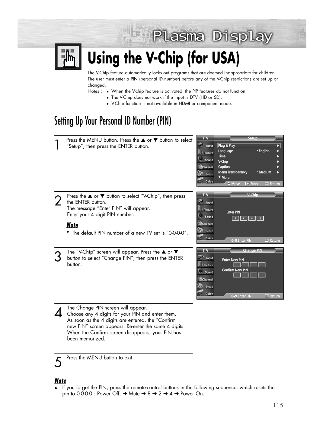 Samsung HP-R4272C, HP-R5072C manual Using the V-Chip for USA, Setting Up Your Personal ID Number PIN 