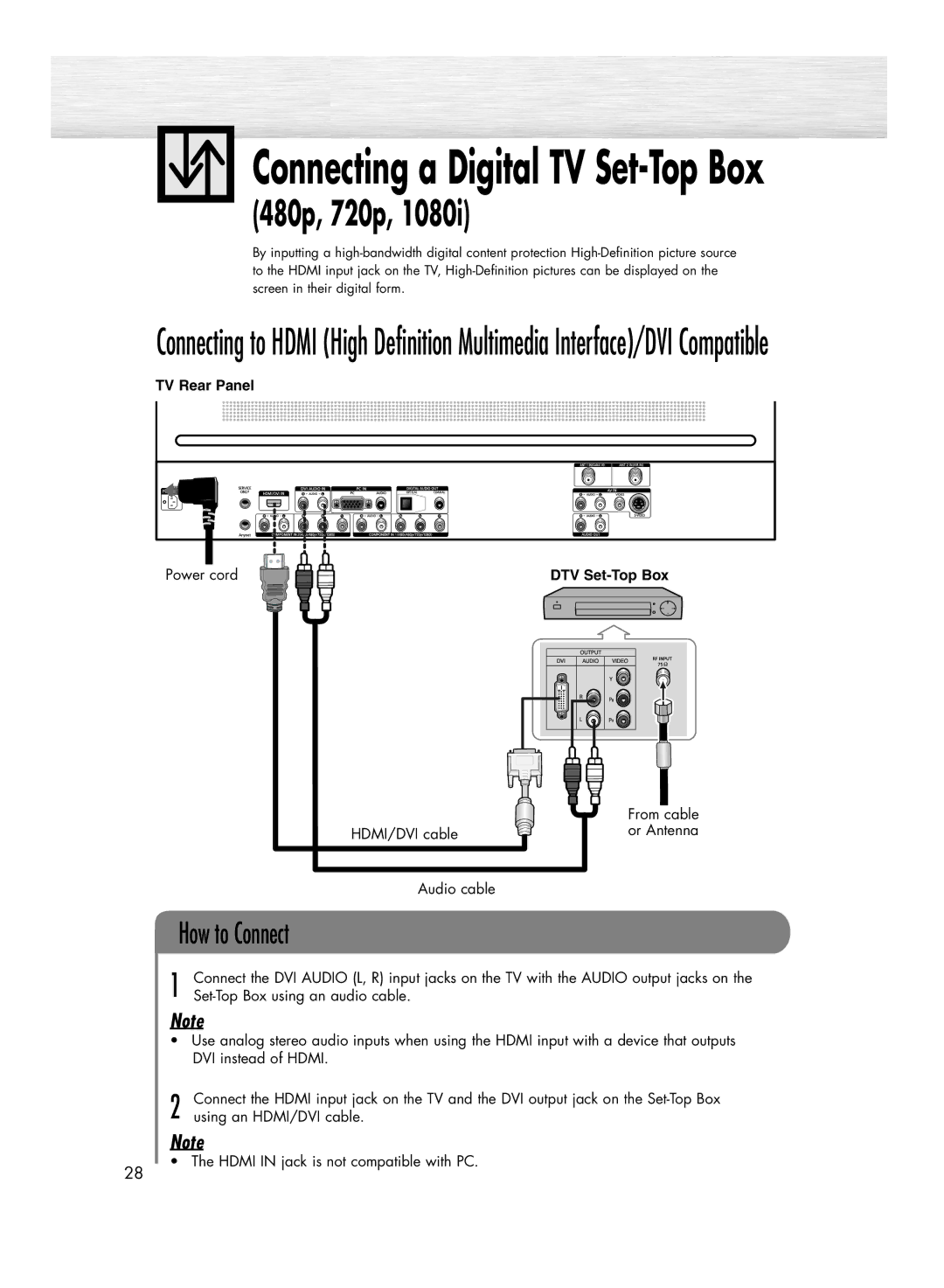 Samsung HP-R5072C, HP-R4272C manual From cable or Antenna, Set-Top Box using an audio cable, Using an HDMI/DVI cable 