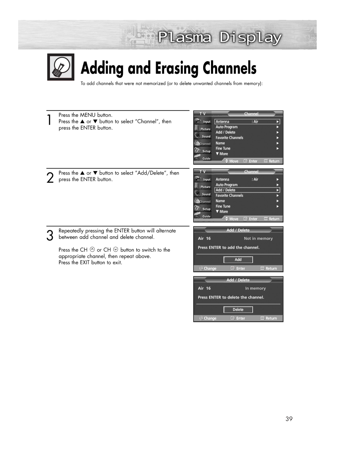 Samsung HP-R4272C, HP-R5072C manual Adding and Erasing Channels 