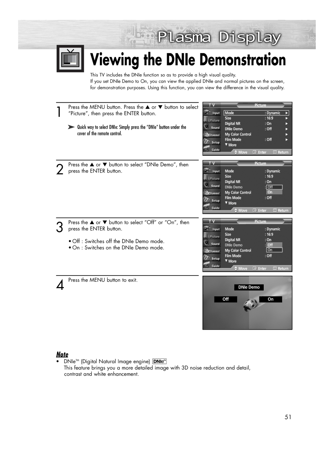 Samsung HP-R4272C, HP-R5072C manual Viewing the DNIe Demonstration 