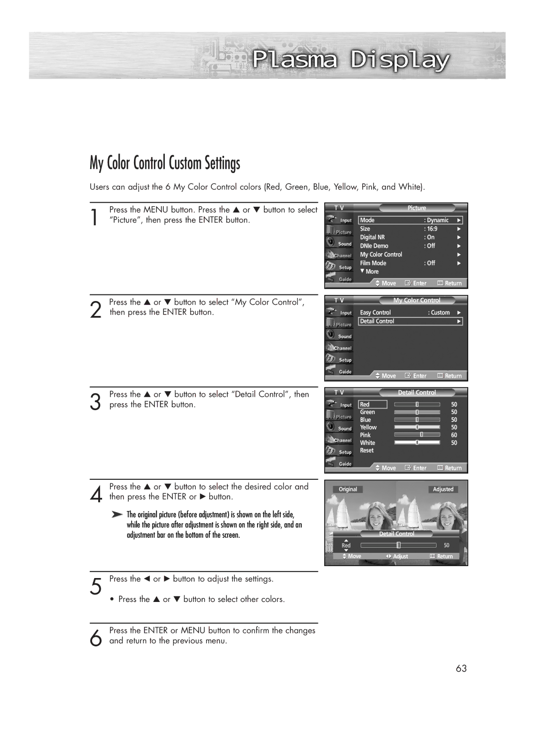 Samsung HP-R4272C, HP-R5072C manual My Color Control Custom Settings 