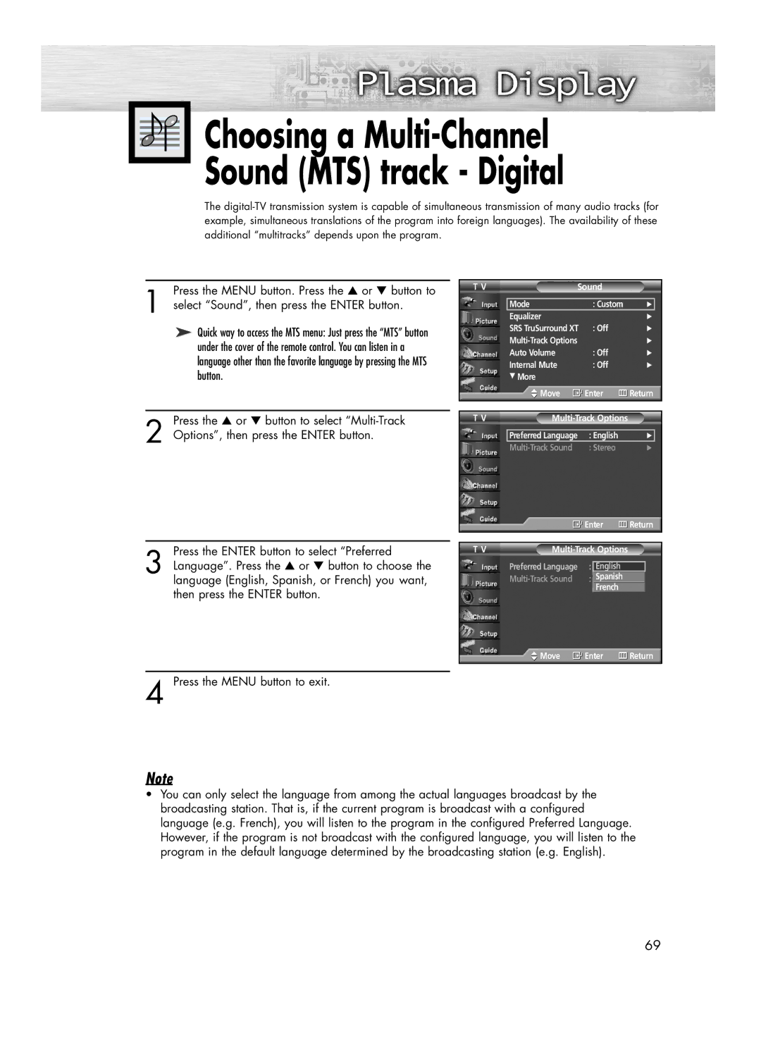 Samsung HP-R4272C, HP-R5072C manual Choosing a Multi-Channel Sound MTS track Digital 