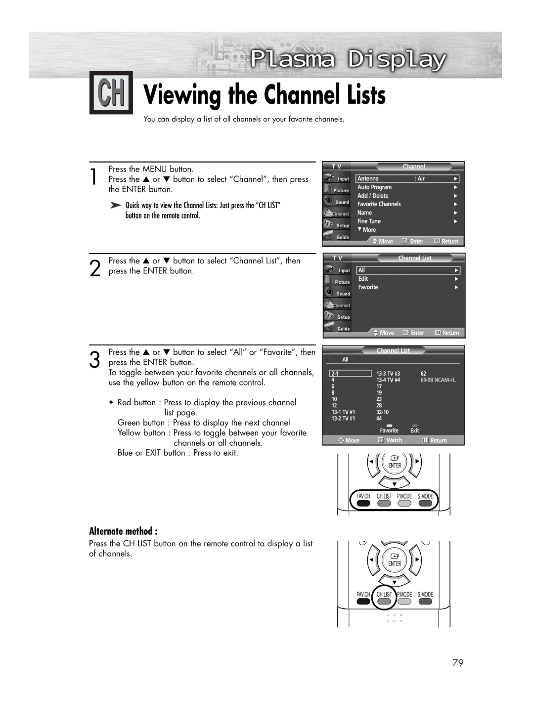 Samsung HP-R4272C, HP-R5072C manual Viewing the Channel Lists, Alternate method 