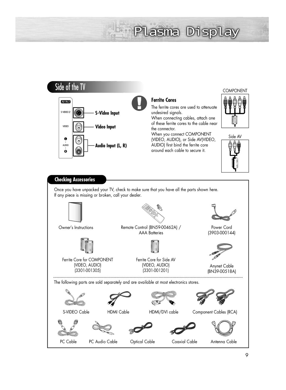 Samsung HP-R4272C, HP-R5072C manual Ferrite Cores, Side AV, 3903-000144, PC Cable PC Audio Cable Optical Cable Coaxial Cable 
