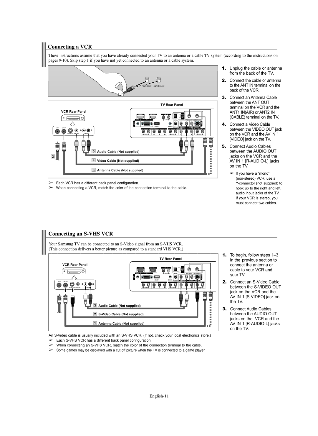 Samsung HP-S5073, HP-S4273 manual Connecting a VCR, Connecting an S-VHS VCR 