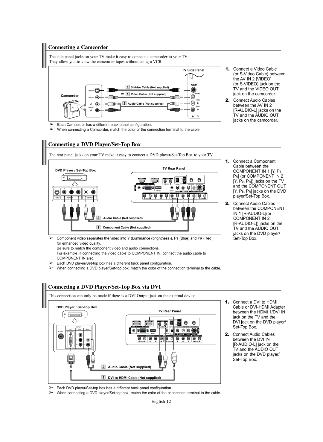 Samsung HP-S4273, HP-S5073 manual Connecting a Camcorder, Connecting a DVD Player/Set-Top Box via DVI, English-12 