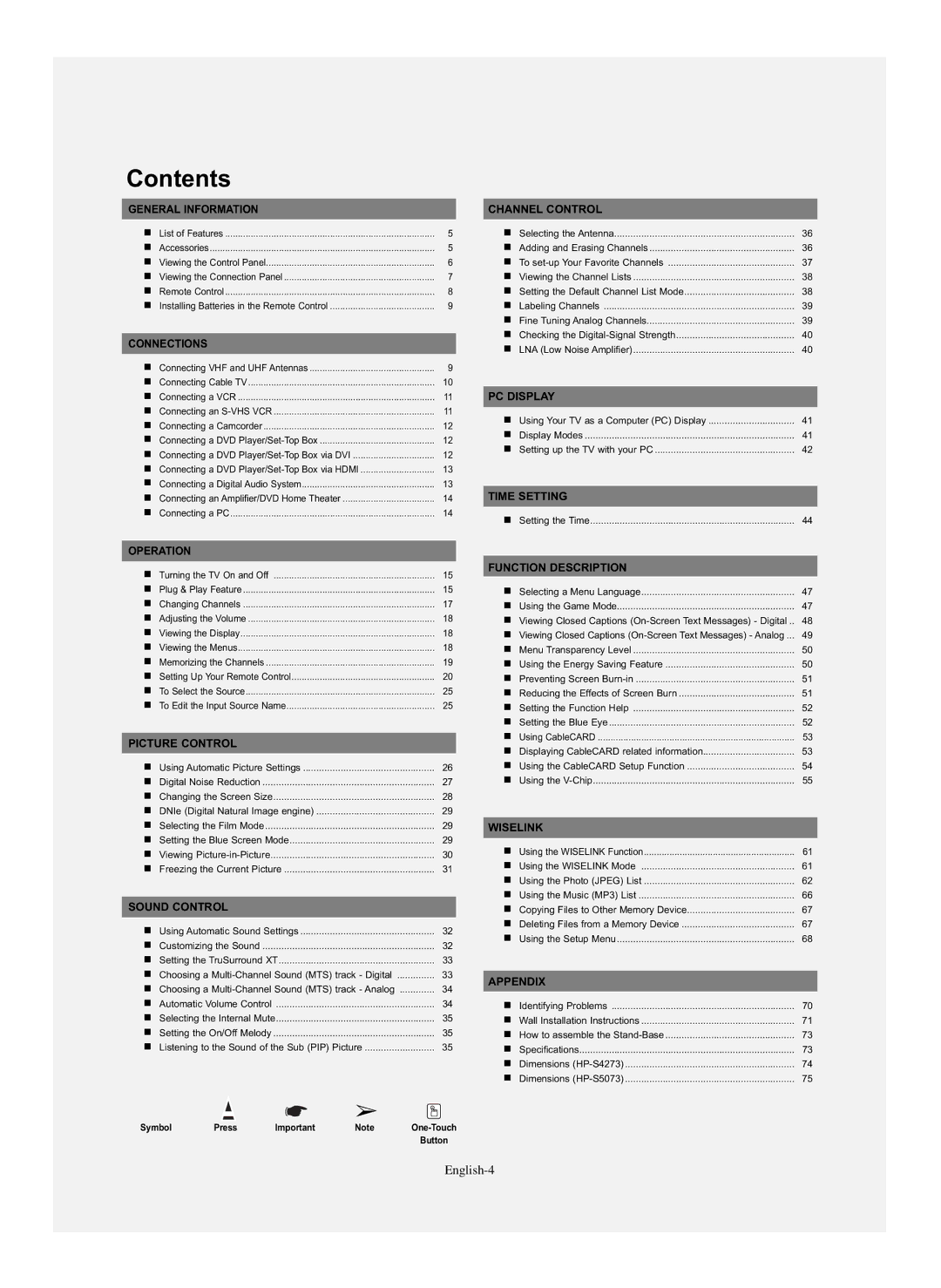 Samsung HP-S4273, HP-S5073 manual Contents 