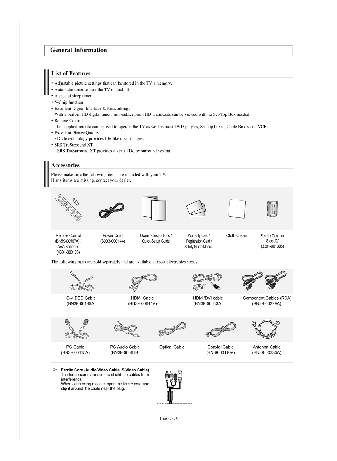 Samsung HP-S5073, HP-S4273 manual General Information, List of Features, Accessories 