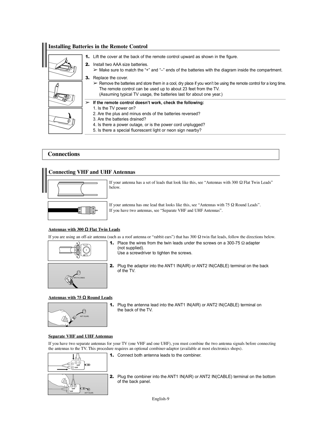 Samsung HP-S5073, HP-S4273 manual Connections, Installing Batteries in the Remote Control, Connecting VHF and UHF Antennas 