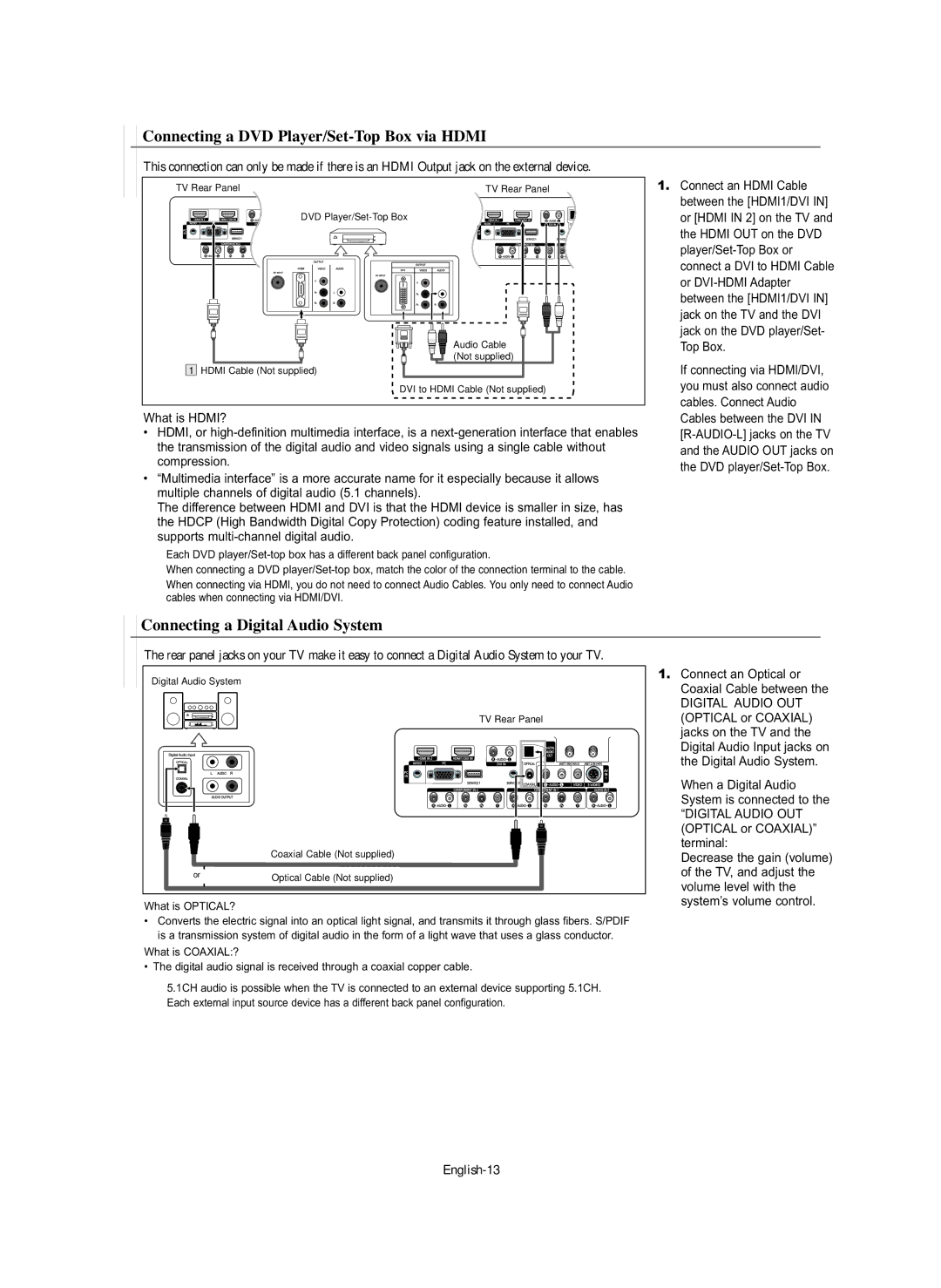 Samsung HP-S5073C, HP-S4273C Connecting a DVD Player/Set-Top Box via Hdmi, Connecting a Digital Audio System, English-13 