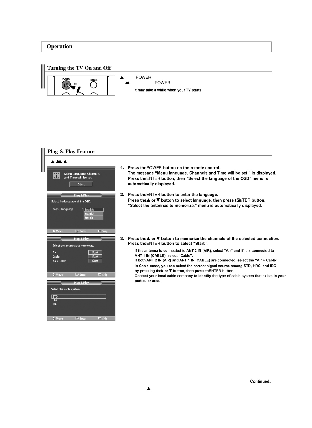 Samsung HP-S5073C, HP-S4273C manual Operation, Turning the TV On and Off, Plug & Play Feature, English-15 