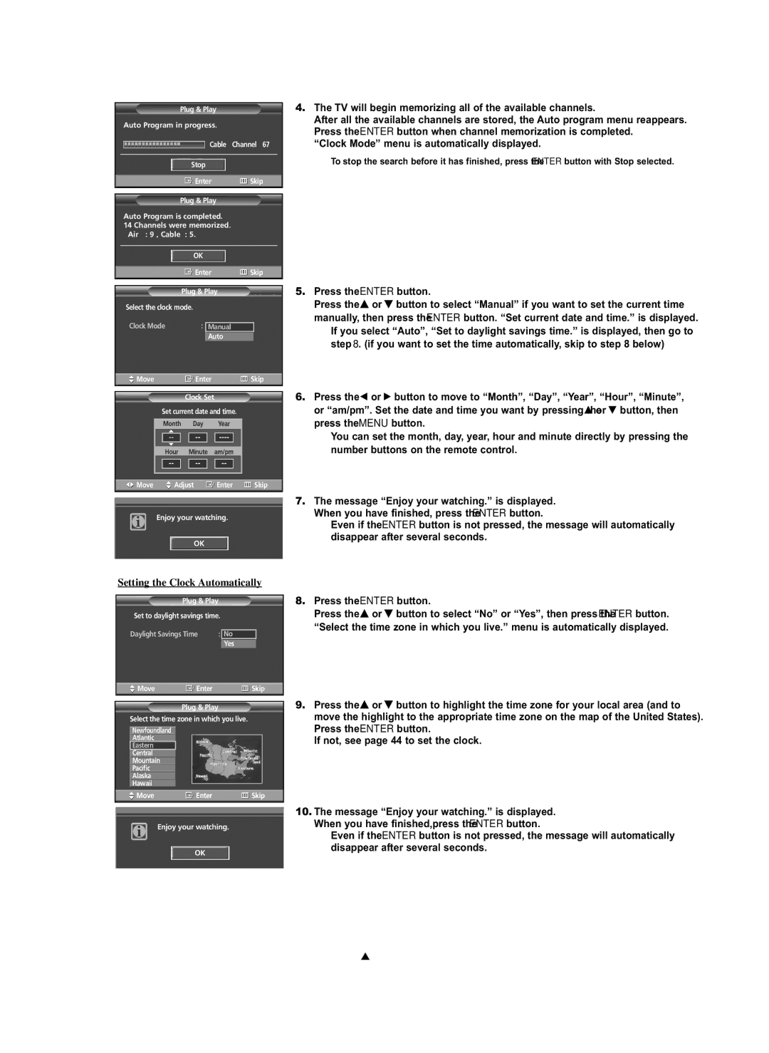 Samsung HP-S4273C manual TV will begin memorizing all of the available channels, Clock Mode menu is automatically displayed 