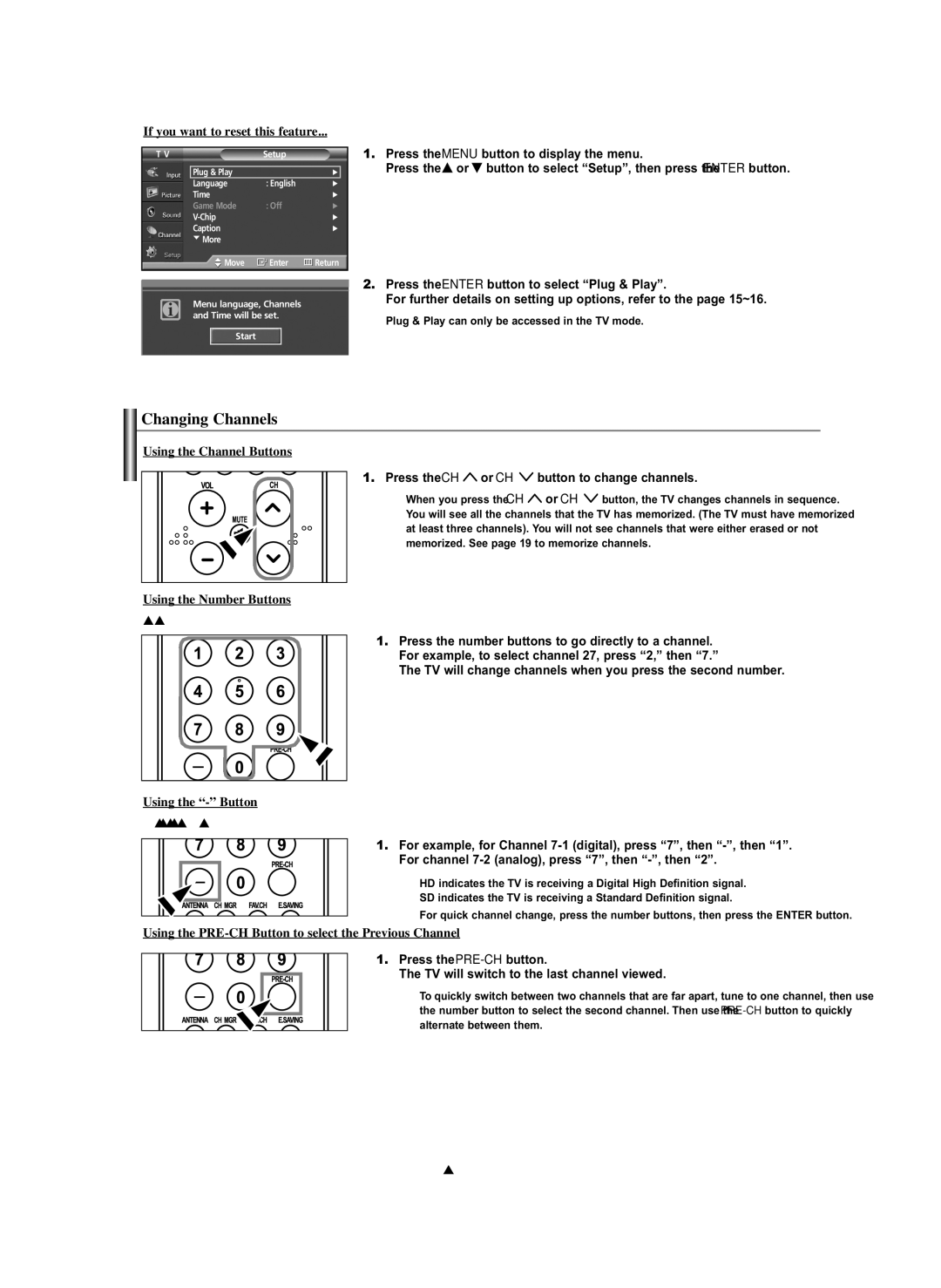 Samsung HP-S5073C, HP-S4273C manual Changing Channels 