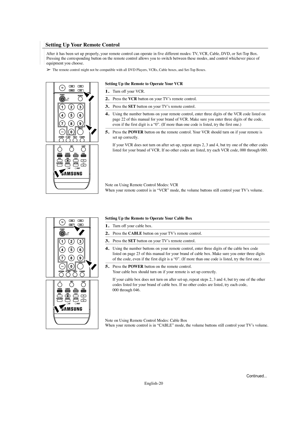 Samsung HP-S4273C, HP-S5073C manual Setting Up Your Remote Control, Setting Up the Remote to Operate Your VCR 