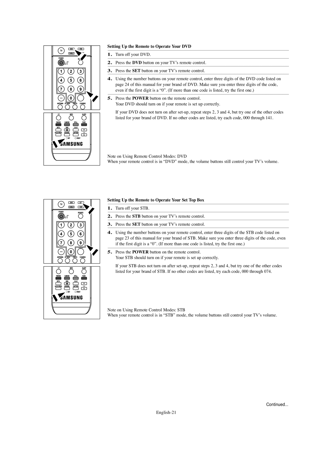 Samsung HP-S5073C, HP-S4273C Setting Up the Remote to Operate Your DVD, Setting Up the Remote to Operate Your Set Top Box 