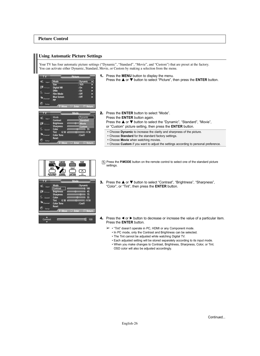 Samsung HP-S4273C, HP-S5073C manual Picture Control Using Automatic Picture Settings, English-26 