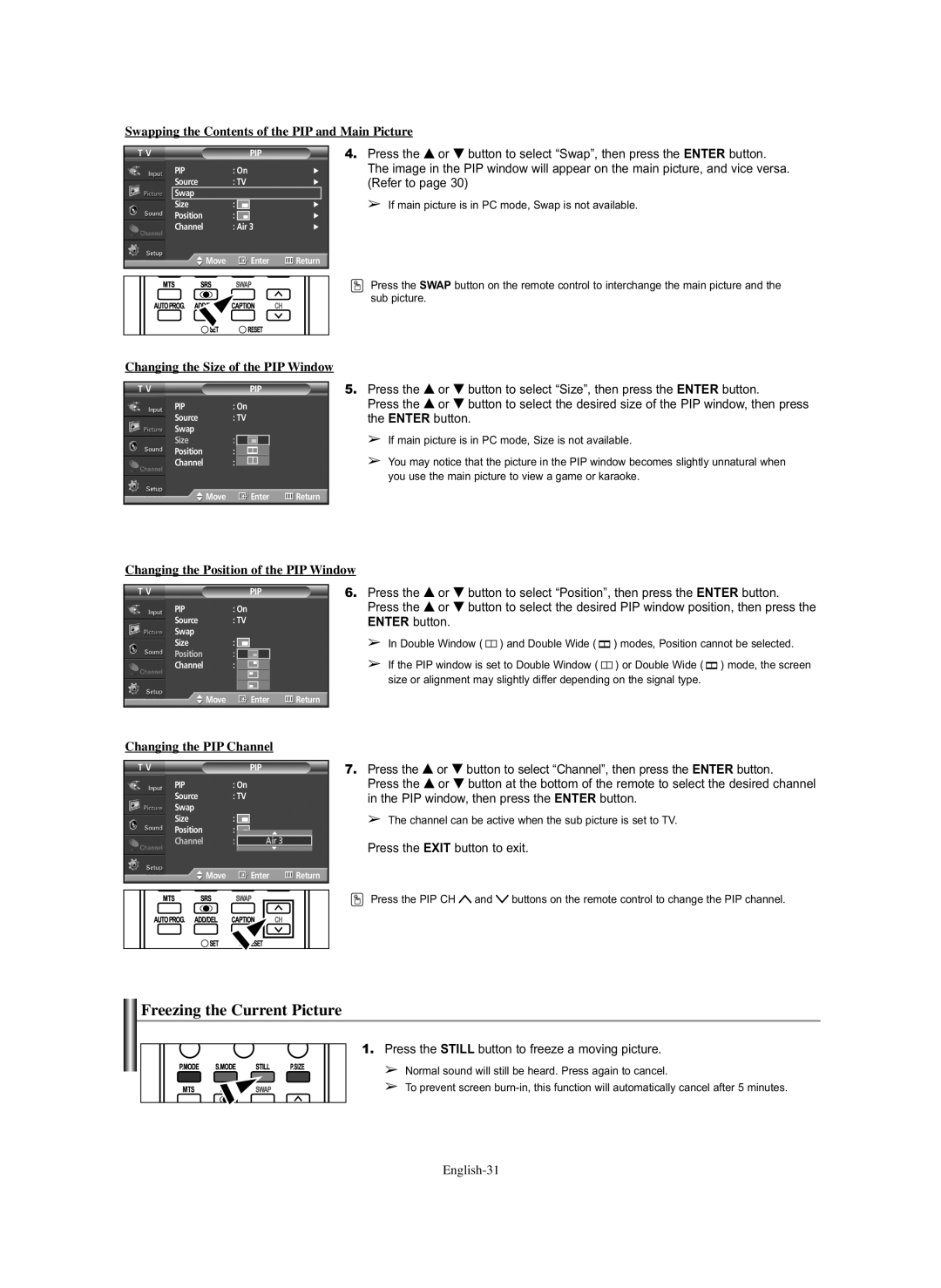 Samsung HP-S5073C, HP-S4273C manual Freezing the Current Picture, Swapping the Contents of the PIP and Main Picture 