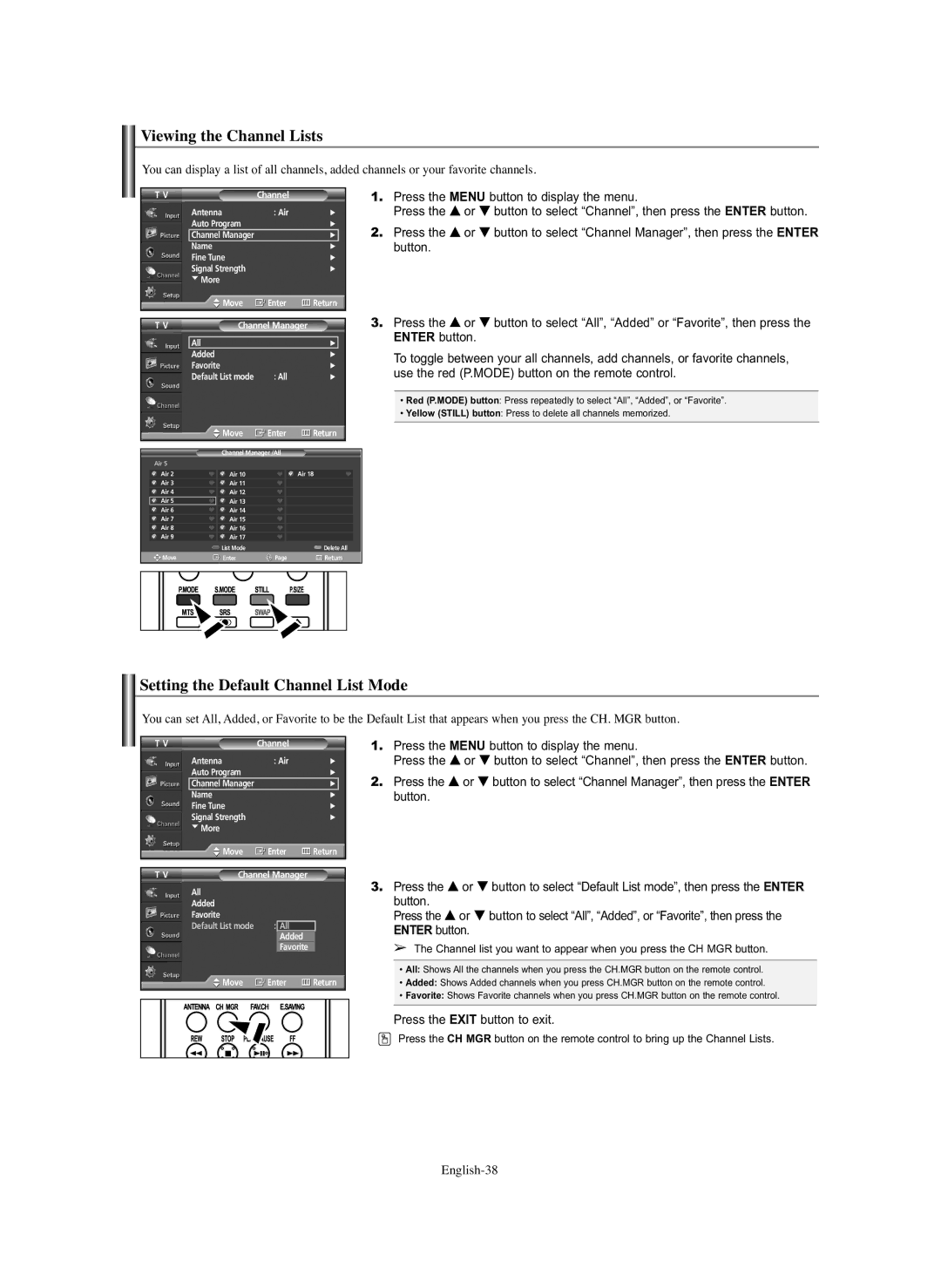 Samsung HP-S4273C, HP-S5073C manual Viewing the Channel Lists, Setting the Default Channel List Mode, English-38 