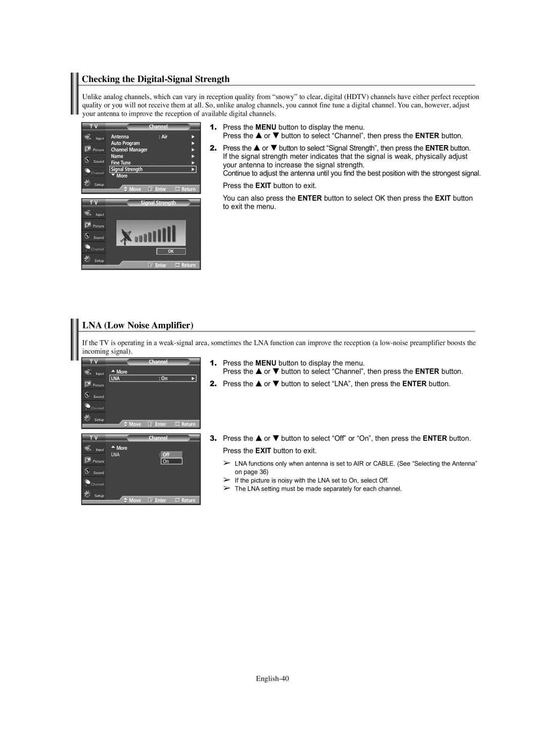 Samsung HP-S4273C, HP-S5073C manual Checking the Digital-Signal Strength, LNA Low Noise Amplifier, English-40 