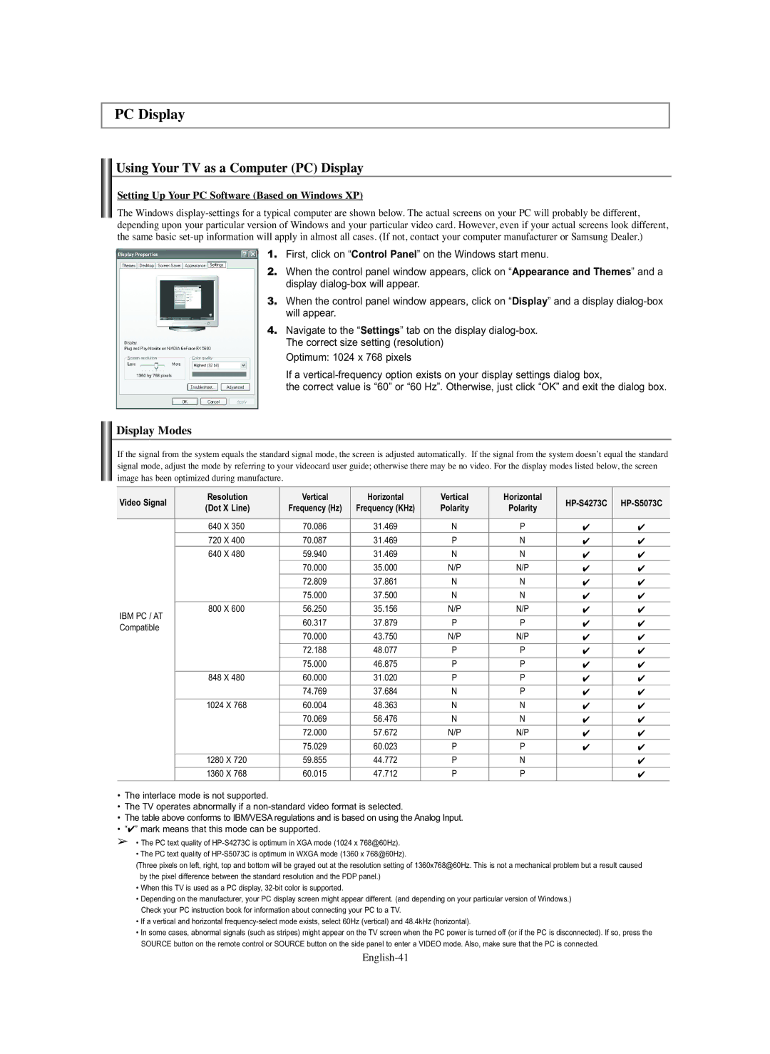 Samsung HP-S5073C Using Your TV as a Computer PC Display, Setting Up Your PC Software Based on Windows XP, English-41 