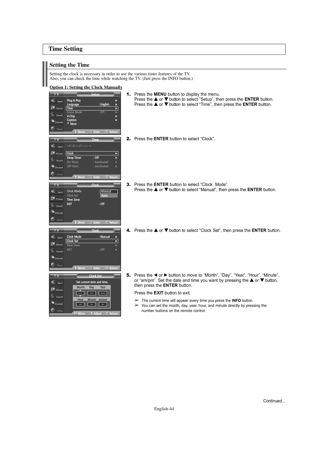 Samsung HP-S4273C, HP-S5073C manual Time Setting, Setting the Time, English-44 