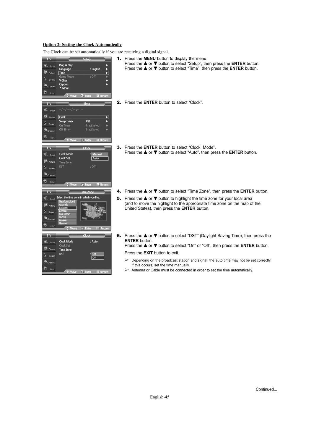 Samsung HP-S5073C, HP-S4273C Option 2 Setting the Clock Automatically, Press the Enter button to select Clock, English-45 