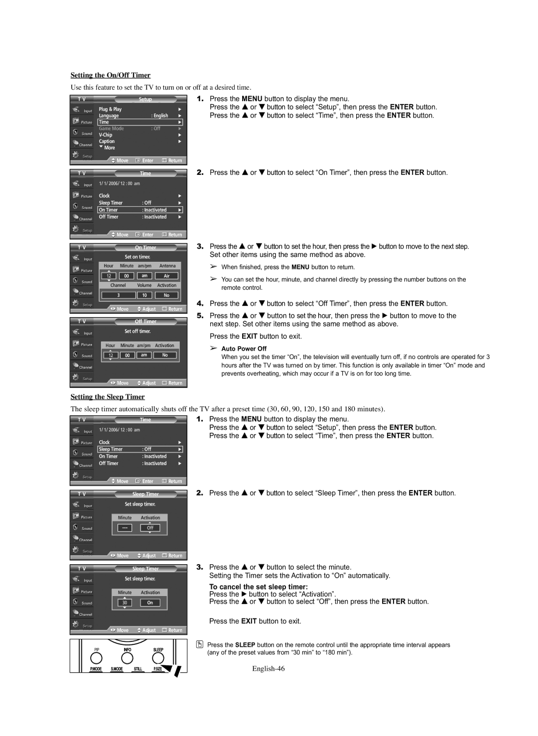 Samsung HP-S4273C, HP-S5073C Setting the On/Off Timer, Setting the Sleep Timer, To cancel the set sleep timer, English-46 