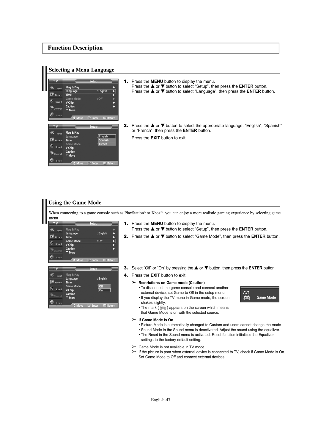 Samsung HP-S5073C, HP-S4273C manual Function Description, Selecting a Menu Language, Using the Game Mode, English-47 