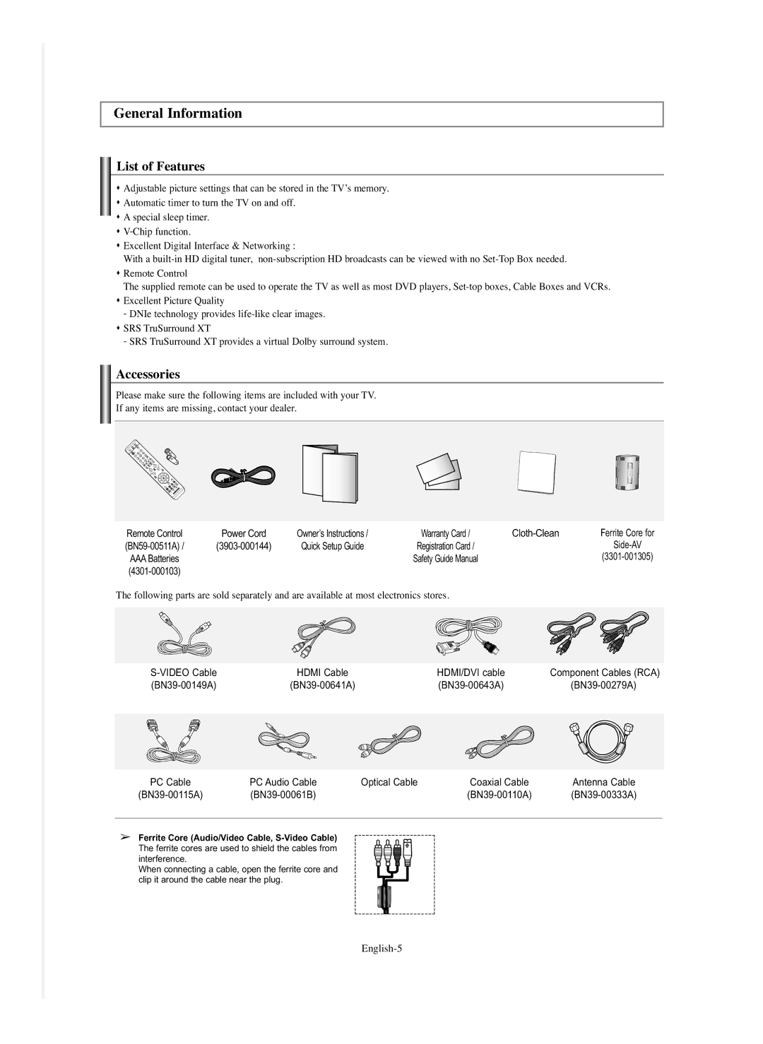 Samsung HP-S5073C, HP-S4273C manual General Information, List of Features, Accessories 