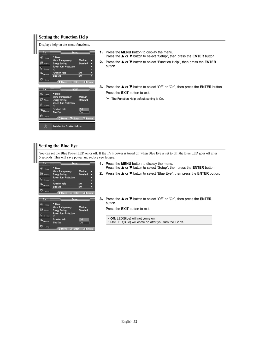 Samsung HP-S4273C manual Setting the Function Help, Setting the Blue Eye, Displays help on the menu functions, English-52 