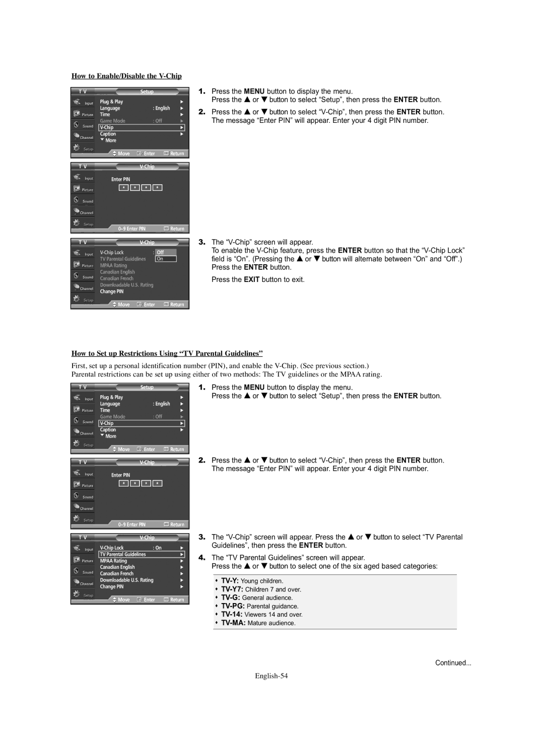 Samsung HP-S4273C How to Enable/Disable the V-Chip, How to Set up Restrictions Using TV Parental Guidelines, English-54 