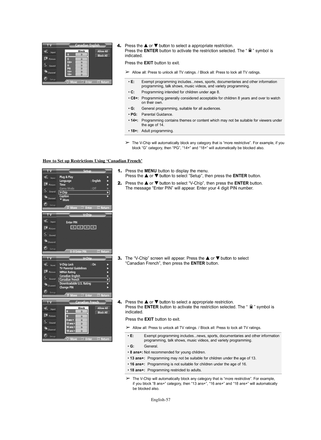 Samsung HP-S5073C, HP-S4273C manual How to Set up Restrictions Using ‘Canadian French’, English-57 