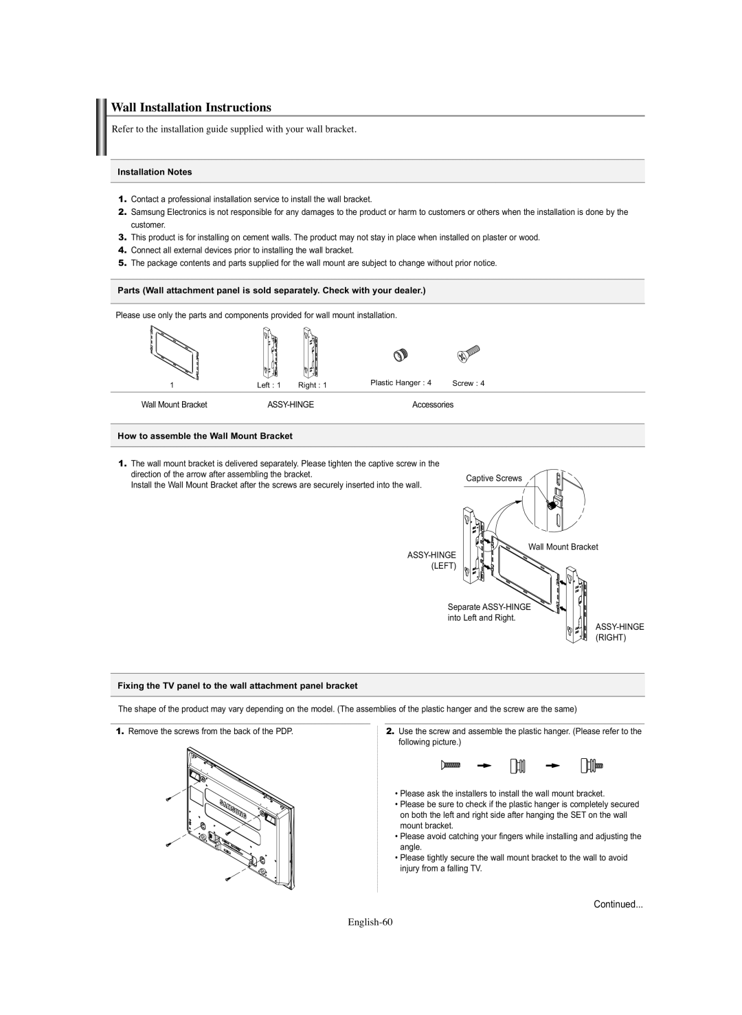 Samsung HP-S4273C Wall Installation Instructions, English-60, Installation Notes, How to assemble the Wall Mount Bracket 